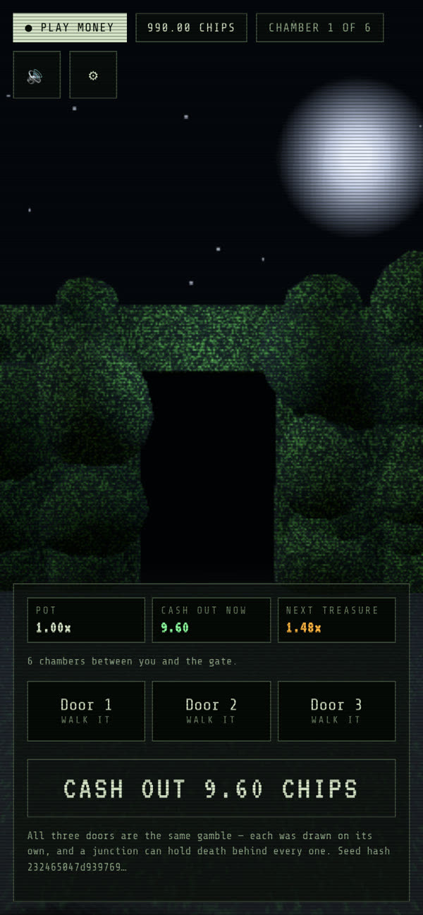 A chamber in the hedge maze at night, with three doors and the pot, the cash-out value and the next treasure shown below.