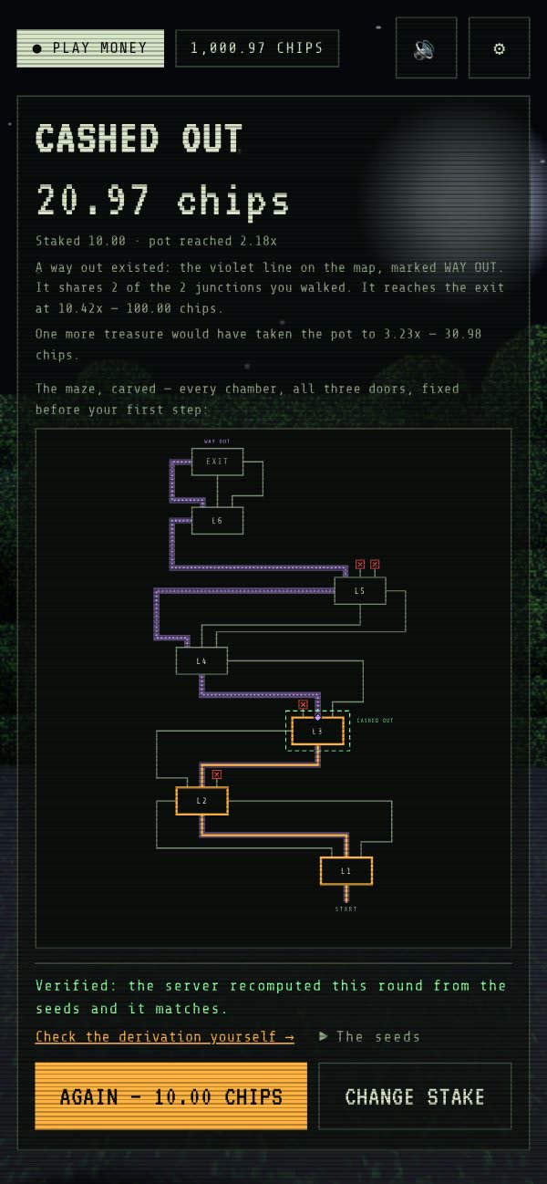 The end of a round: cashed out, with a map of every chamber and all three doors of each, and the way out traced in violet.